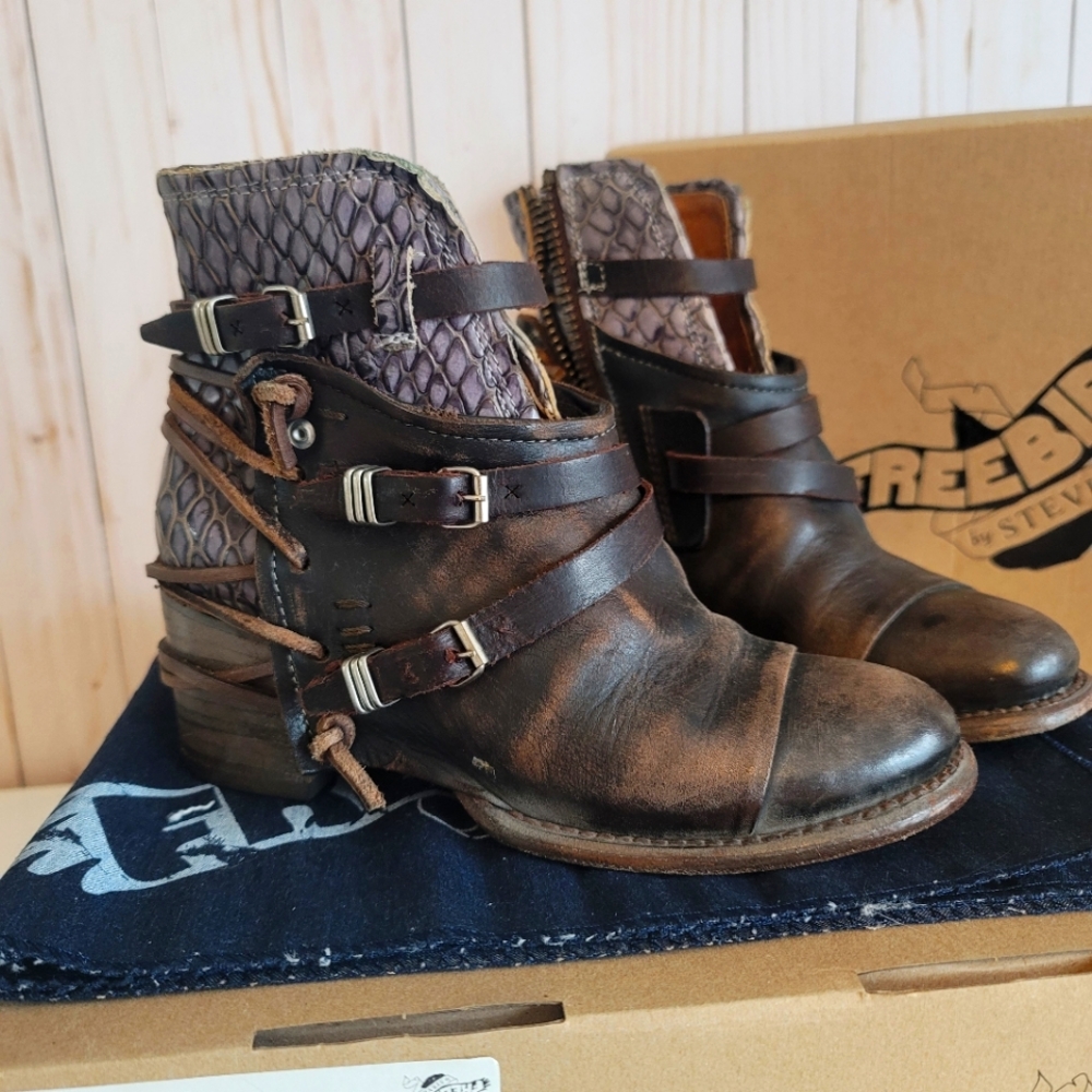 freebird Brown Leather Ankle Booties with Snakeskin Accent
